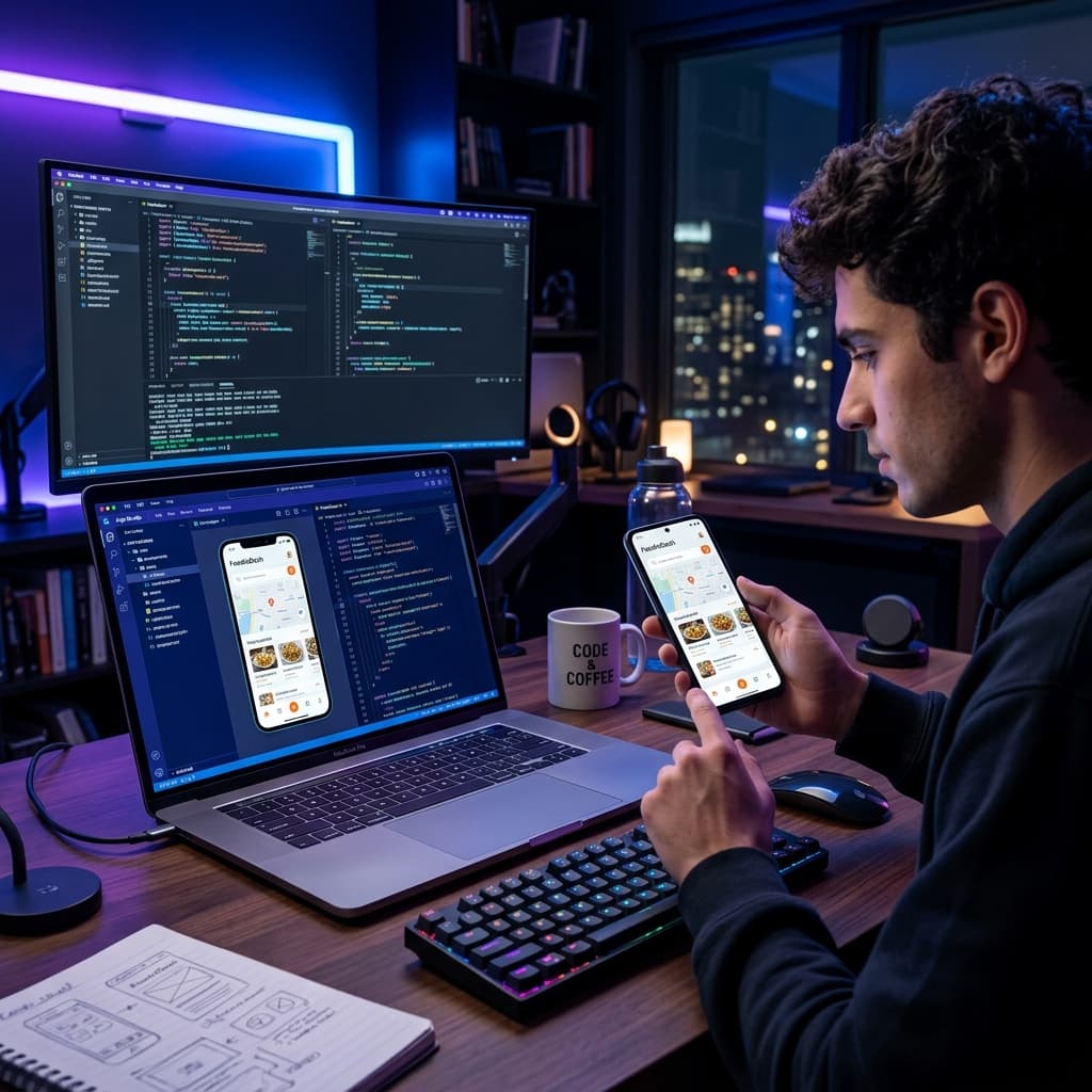 Developer building and testing mobile app in Codyfyx App Studio